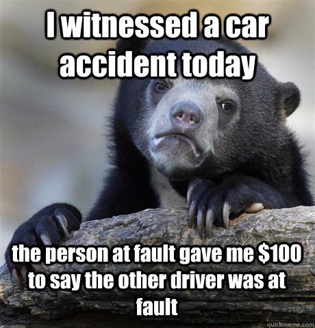 I witnessed a car accident today the person at fault gave me $100 to say the other driver was at fault - I witnessed a car accident today the person at fault gave me $100 to say the other driver was at fault  Confession Bear