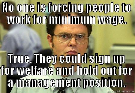 NO ONE IS FORCING PEOPLE TO WORK FOR MINIMUM WAGE. TRUE. THEY COULD SIGN UP FOR WELFARE AND HOLD OUT FOR A MANAGEMENT POSITION. Schrute