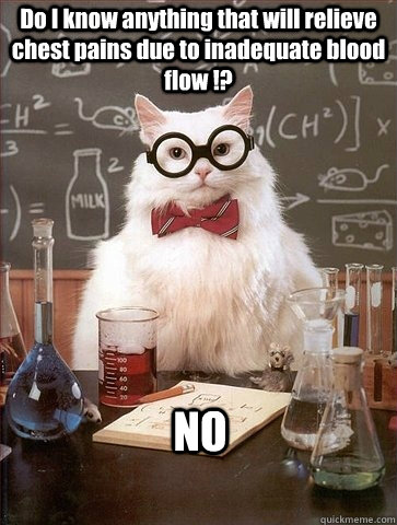 Do I know anything that will relieve chest pains due to inadequate blood flow !? NO - Do I know anything that will relieve chest pains due to inadequate blood flow !? NO  Chemistry Cat