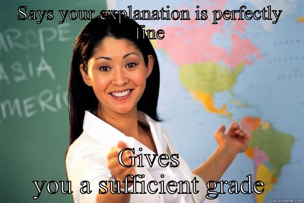 Teachers be like... - SAYS YOUR EXPLANATION IS PERFECTLY FINE GIVES YOU A SUFFICIENT GRADE Unhelpful High School Teacher