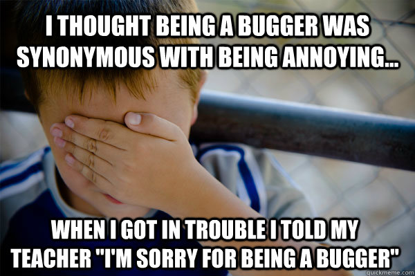 I thought being a bugger was synonymous with being annoying... When I got in trouble I told my teacher 