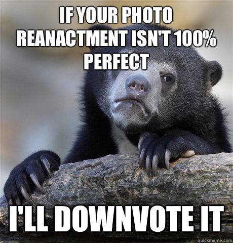 If your photo reanactment isn't 100% perfect I'll downvote it  Confession Bear