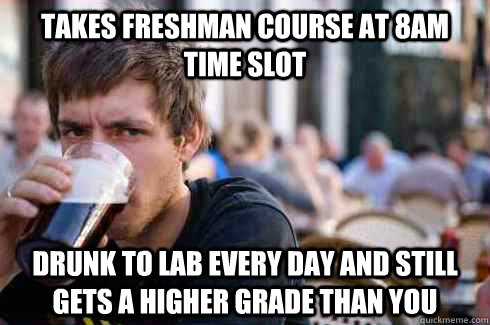 Takes Freshman Course at 8am time slot Drunk to lab every day and still gets a higher grade than you  Lazy College Senior