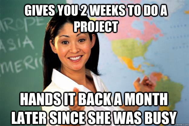 Gives you 2 weeks to do a project Hands it back a month later since she was busy  Unhelpful High School Teacher