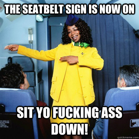 The seatbelt sign is now on sit yo fucking ass down!  Ghetto Flight Attendant