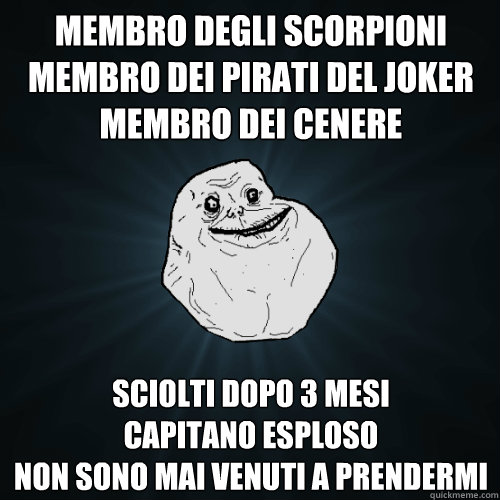 Membro degli Scorpioni
Membro dei Pirati del Joker
Membro dei Cenere Sciolti dopo 3 mesi
Capitano esploso
Non sono mai venuti a prendermi  Forever Alone