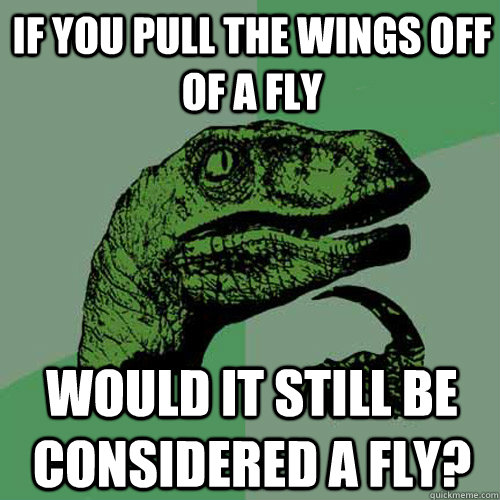 if you pull the wings off of a fly would it still be considered a fly?  Philosoraptor