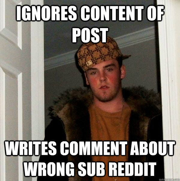 Ignores content of post writes comment about wrong sub reddit  Scumbag Steve