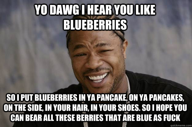 YO DAWG I HEAR YOU LIKE BLUEBERRIES so I PUT BLUEBERRIES IN YA PANCAKE, ON YA PANCAKES, ON THE SIDE, IN YOUR HAIR, IN YOUR SHOES. SO I HOPE YOU CAN BEAR ALL THESE BERRIES THAT ARE BLUE AS FUCK - YO DAWG I HEAR YOU LIKE BLUEBERRIES so I PUT BLUEBERRIES IN YA PANCAKE, ON YA PANCAKES, ON THE SIDE, IN YOUR HAIR, IN YOUR SHOES. SO I HOPE YOU CAN BEAR ALL THESE BERRIES THAT ARE BLUE AS FUCK  Xzibit meme