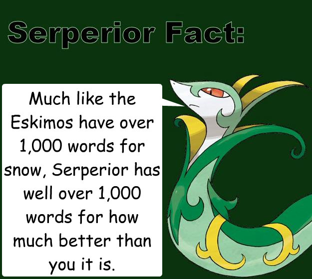 Much like the Eskimos have over 1,000 words for snow, Serperior has well over 1,000 words for how much better than you it is. - Much like the Eskimos have over 1,000 words for snow, Serperior has well over 1,000 words for how much better than you it is.  Serperior Facts