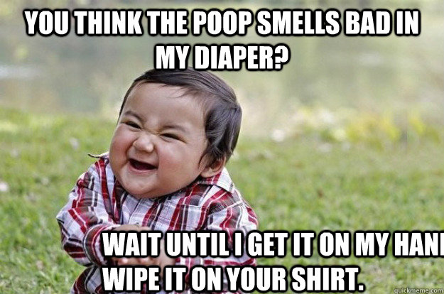 You think the poop smells bad in my diaper? Wait until i get it on my hand and wipe it on your shirt.  Evil Toddler