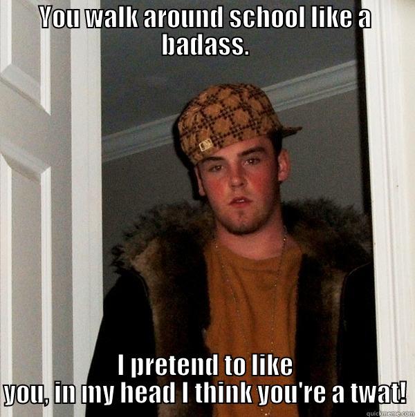 YOU WALK AROUND SCHOOL LIKE A BADASS. I PRETEND TO LIKE YOU, IN MY HEAD I THINK YOU'RE A TWAT! Scumbag Steve