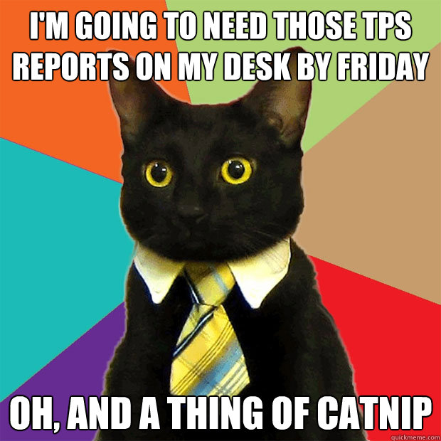 i'm going to need those TPS reports on my desk by friday oh, and a thing of catnip - i'm going to need those TPS reports on my desk by friday oh, and a thing of catnip  Business Cat