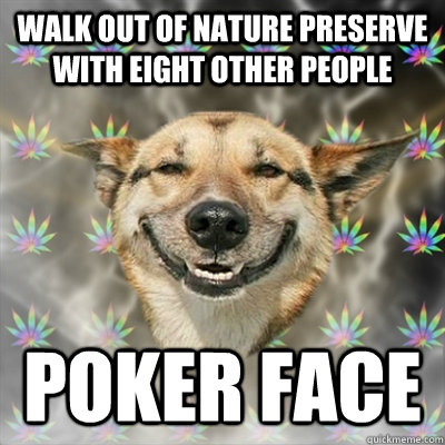 walk out of nature preserve with eight other people poker face  Stoner Dog