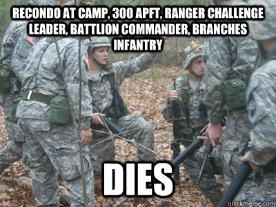 Recondo at camp, 300 apft, ranger challenge leader, battlion commander, branches infantry dies - Recondo at camp, 300 apft, ranger challenge leader, battlion commander, branches infantry dies  ROTC Ronnie