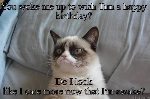 YOU WOKE ME UP TO WISH TIM A HAPPY BIRTHDAY? DO I LOOK LIKE I CARE MORE NOW THAT I'M AWAKE? Grumpy Cat