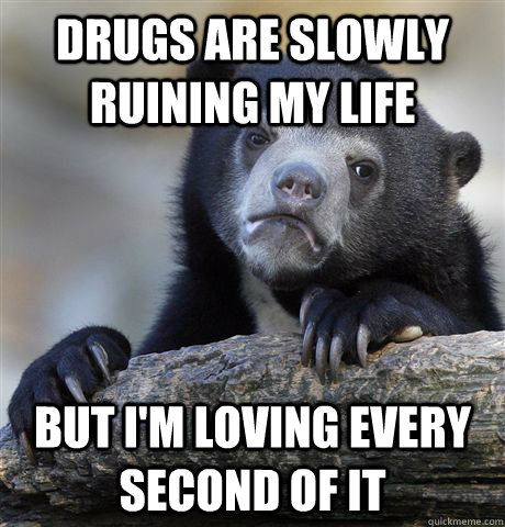 drugs are slowly ruining my life but i'm loving every second of it  Confession Bear