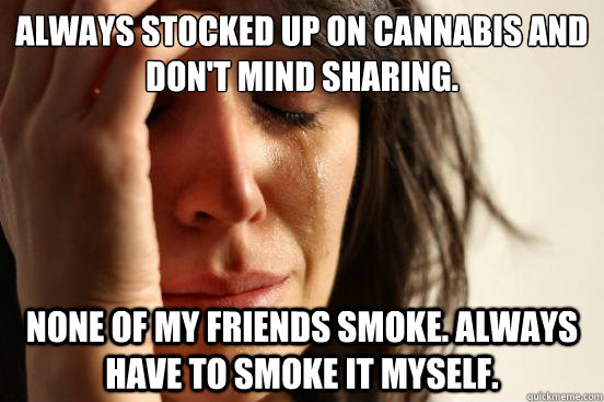 Always stocked up on Cannabis and don't mind sharing. None of my friends smoke. Always have to smoke it myself.  First World Problems