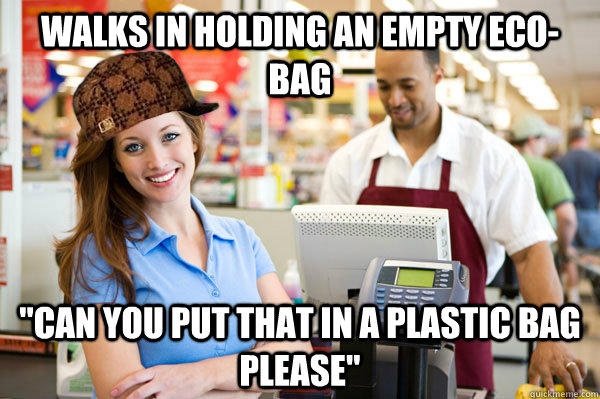 Walks in holding an empty eco-bag 