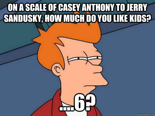 On a scale of casey anthony to jerry sandusky, how much do you like kids? ....6?  Futurama Fry