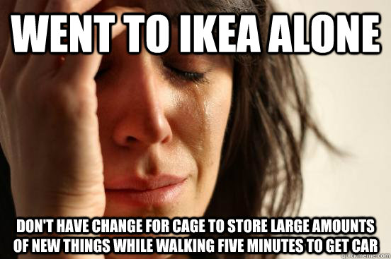 Went to Ikea alone Don't have change for cage to store large amounts of new things while walking five minutes to get car  First World Problems