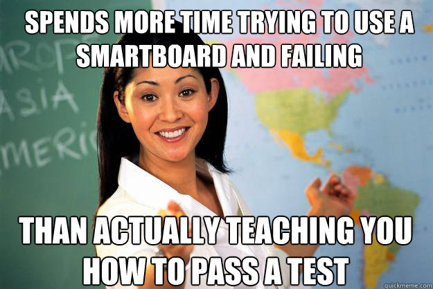 spends more time trying to use a smartboard and failing than actually teaching you how to pass a test  Unhelpful High School Teacher