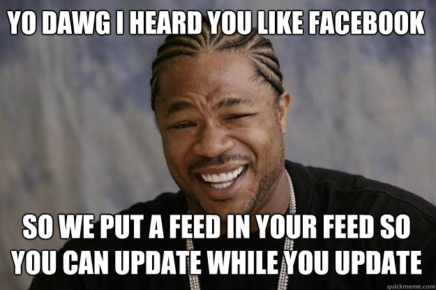 Yo dawg I heard you like facebook so we put a feed in your feed so you can update while you update - Yo dawg I heard you like facebook so we put a feed in your feed so you can update while you update  Xzibit meme