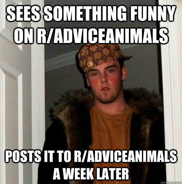 Sees something funny on r/AdviceAnimals Posts it to r/AdviceAnimals a week later  Scumbag Steve