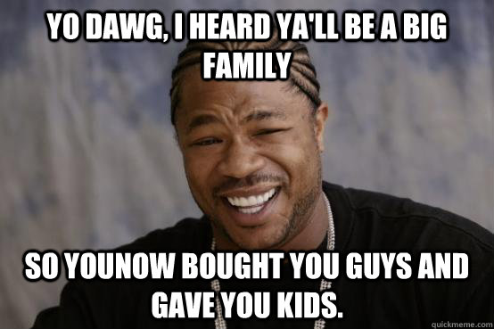 Yo Dawg, I heard ya'll be a big family So YouNow bought you guys and gave you kids.  YO DAWG