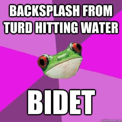 Backsplash from turd hitting water Bidet  Foul Bachelorette Frog