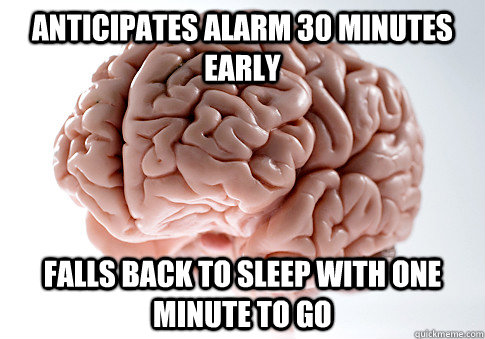 ANTICIPATES ALARM 30 MINUTES EARLY FALLS BACK TO SLEEP WITH ONE MINUTE TO GO   Scumbag Brain