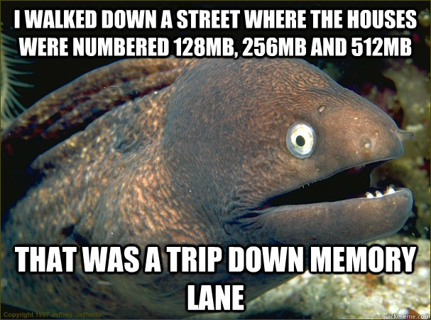 I walked down a street where the houses were numbered 128mb, 256MB and 512MB That was a trip down memory lane - I walked down a street where the houses were numbered 128mb, 256MB and 512MB That was a trip down memory lane  Bad Joke Eel