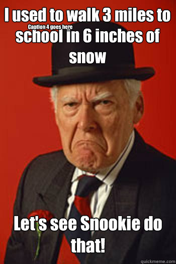 I used to walk 3 miles to school in 6 inches of snow Let's see Snookie do that!  Caption 4 goes here - I used to walk 3 miles to school in 6 inches of snow Let's see Snookie do that!  Caption 4 goes here  Pissed old guy