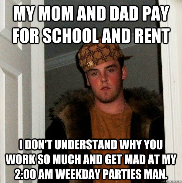 My Mom and dad pay for school and rent I don't understand why you work so much and get mad at my 2:00 AM Weekday Parties man.  Scumbag Steve