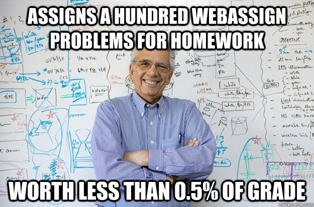 Assigns a hundred webassign problems for homework Worth less than 0.5% of grade - Assigns a hundred webassign problems for homework Worth less than 0.5% of grade  Engineering Professor