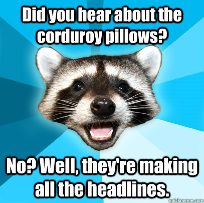 Did you hear about the corduroy pillows?  No? Well, they're making all the headlines.  Lame Pun Coon