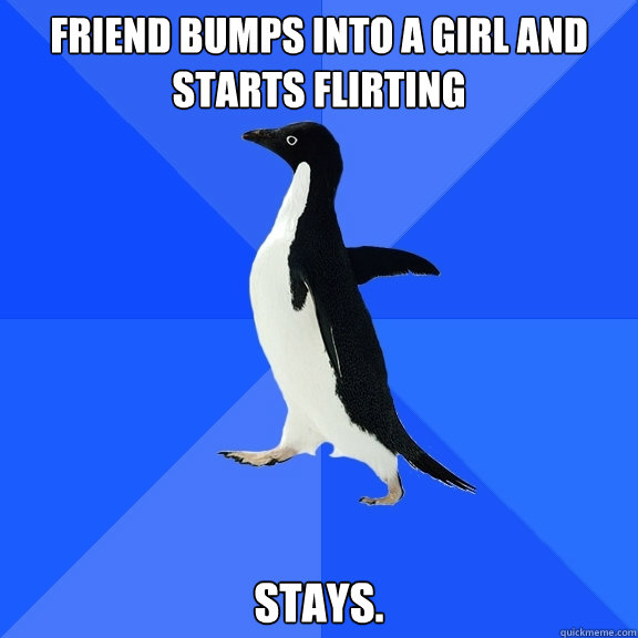 Friend bumps into a girl and starts flirting  STAYS.  Socially Awkward Penguin