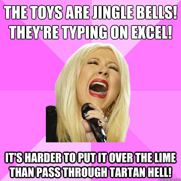 The toys are Jingle Bells!
They're typing on excel! It's harder to put it over the lime than pass through tartan hell!  Wrong Lyrics Christina