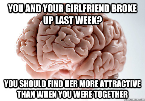 you and your girlfriend broke up last week? you should find her more attractive than when you were together  Scumbag Brain