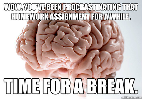 Wow, you've been procrastinating that homework assignment for a while. time for a break. - Wow, you've been procrastinating that homework assignment for a while. time for a break.  Scumbag Brain