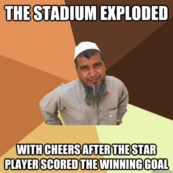 the stadium exploded with cheers after the star player scored the winning goal  Ordinary Muslim Man