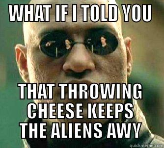 WHAT IF I TOLD YOU THAT THROWING CHEESE KEEPS THE ALIENS AWY Matrix Morpheus