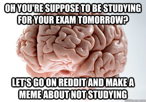 Oh you're suppose to be studying for your exam tomorrow? Let's go on reddit and make a meme about not studying  Scumbag Brain