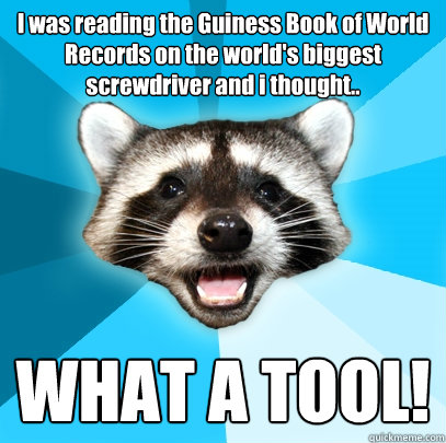 I was reading the Guiness Book of World Records on the world's biggest screwdriver and i thought.. WHAT A TOOL!  Lame Pun Coon