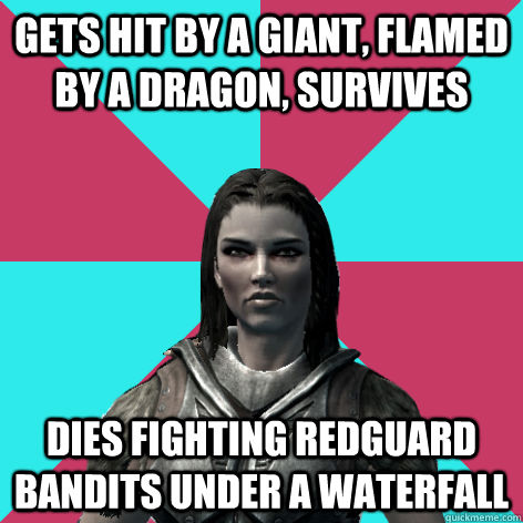 Gets hit by a giant, flamed by a dragon, survives Dies fighting redguard bandits under a waterfall  Lydia Skyrim Meme