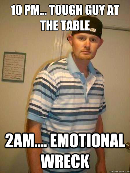 10 pm... tough guy at the table  2am.... emotional wreck  Annoying Beer Pong Guy