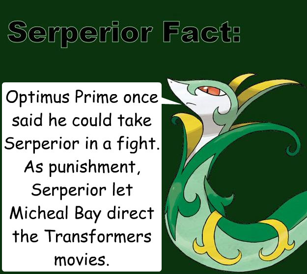 Optimus Prime once said he could take Serperior in a fight.  As punishment, Serperior let Micheal Bay direct the Transformers movies.  Serperior Facts