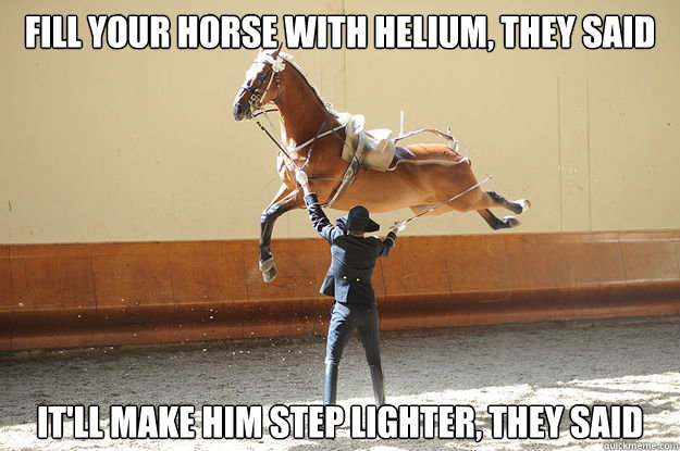 fill your horse with helium, they said It'll make him step lighter, they said - fill your horse with helium, they said It'll make him step lighter, they said  Helium horse