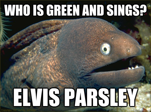 WHO IS GREEN AND SINGS? ELVIS PARSLEY - WHO IS GREEN AND SINGS? ELVIS PARSLEY  Bad Joke Eel