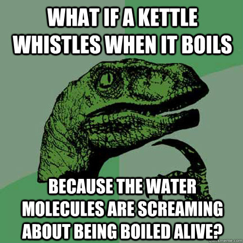 What if a kettle whistles when it boils because the water molecules are screaming about being boiled alive?  Philosoraptor